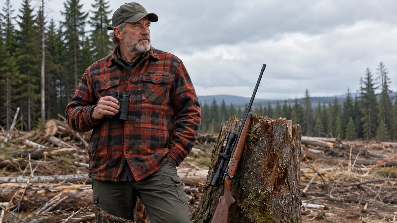 A hunter holding 10x42 binoculars in one hand while a rifle rests against a stump beside him