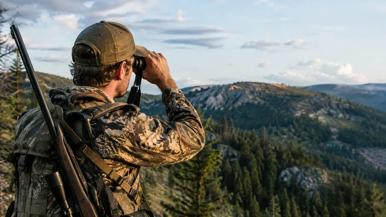 A hunter glassing a distant ridgeline through 10x42 binoculars while a rifle hangs on a sling