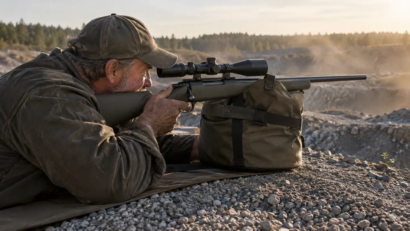 A hunter kneeling at a gravel pit bench rest, eye to the scope of a bolt-action rifle