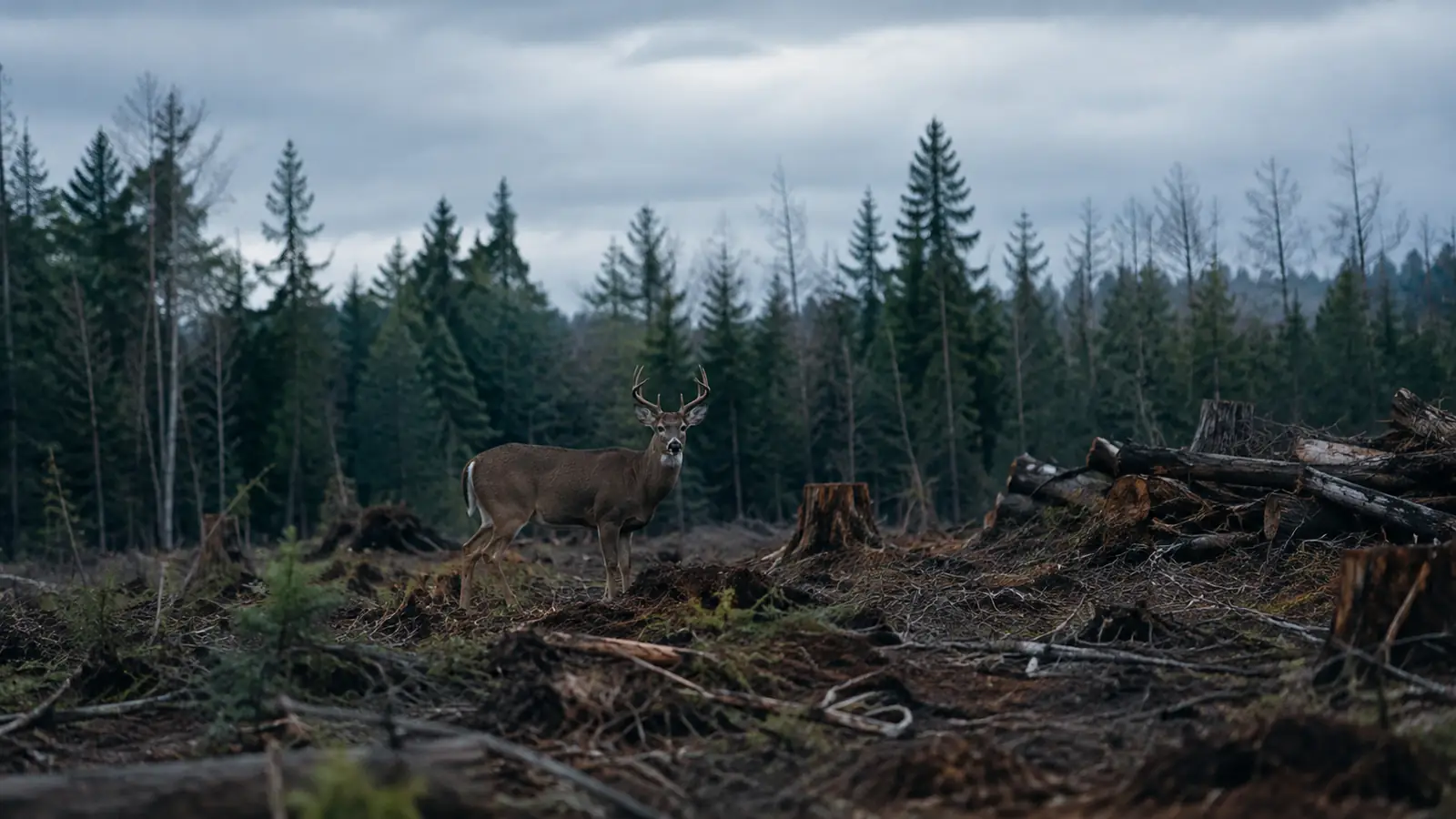 A deer standing at the edge of a logging cut in low light, about 150 yards from the viewer