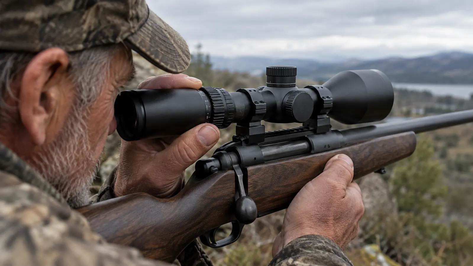 Close view of a rifle scope mounted on a bolt-action rifle, the shooter's eye behind the eyepiece