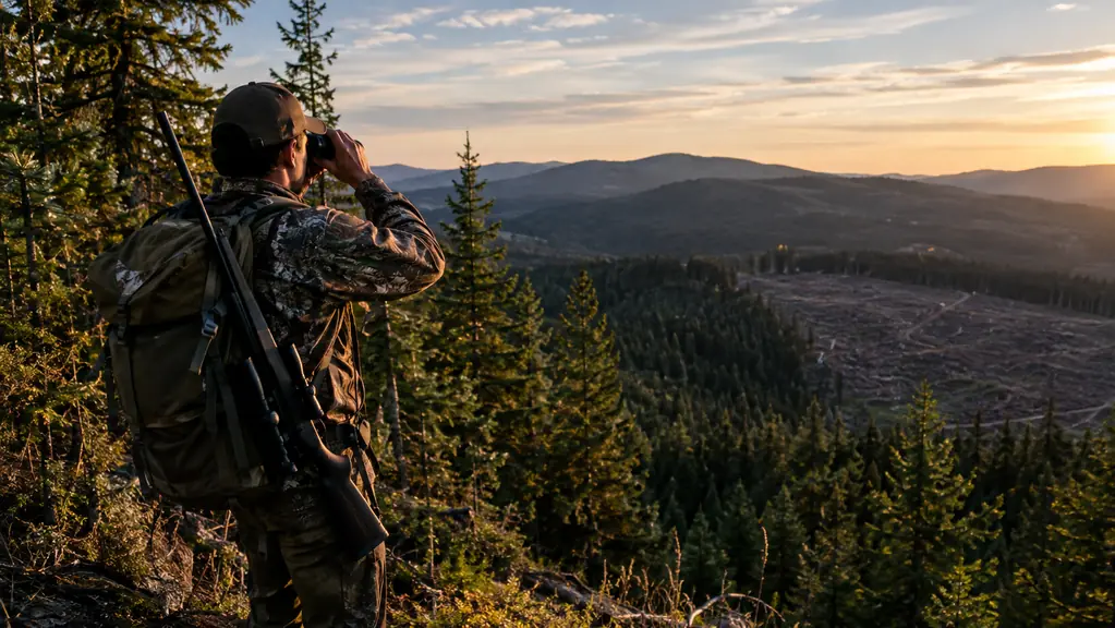 A hunter glassing a timbered ridge at last light, rifle slung over one shoulder