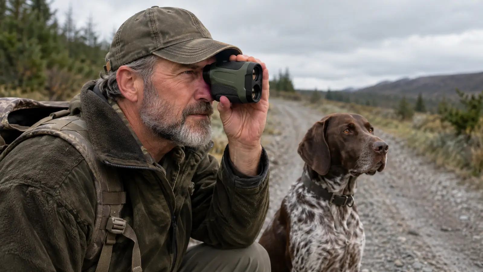 A hand holding a compact camo rangefinder up to one eye while a large dog sits nearby on a gravel road