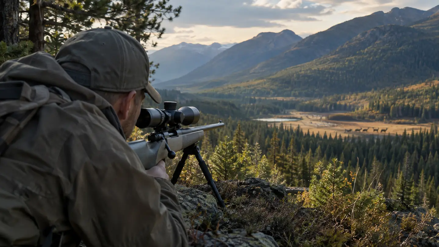 A hunter kneeling behind a rifle on a bipod, looking across a mountain valley toward a distant ridge