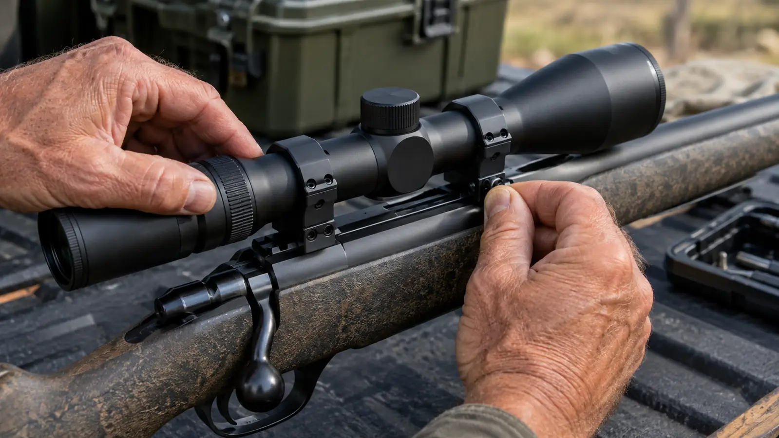 Close view of a riflescope mounted on a bolt-action rifle with two scope rings holding it in place