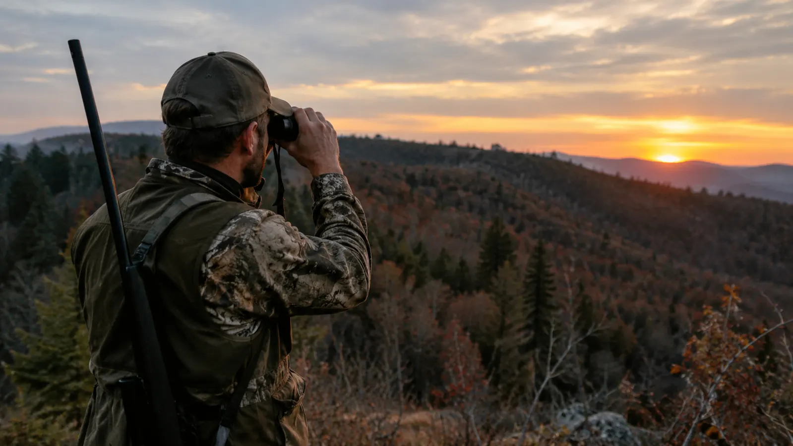 A hunter in a vest glassing a timbered ridge at dusk, rifle slung over one shoulder