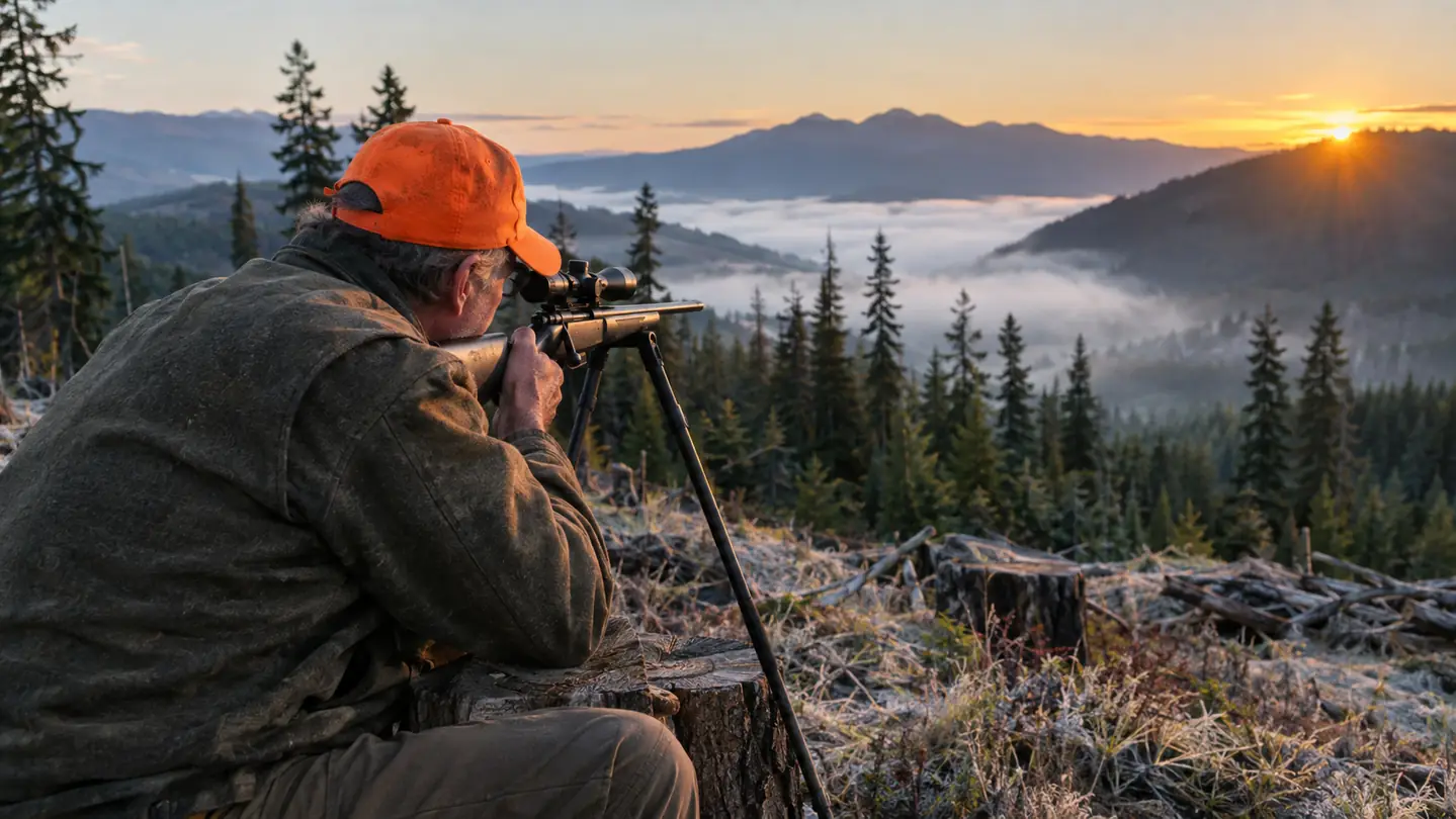 A hunter seated at the edge of a frosty logging cut at first light, looking through a riflescope on a bolt-action rifle resting on shooting sticks