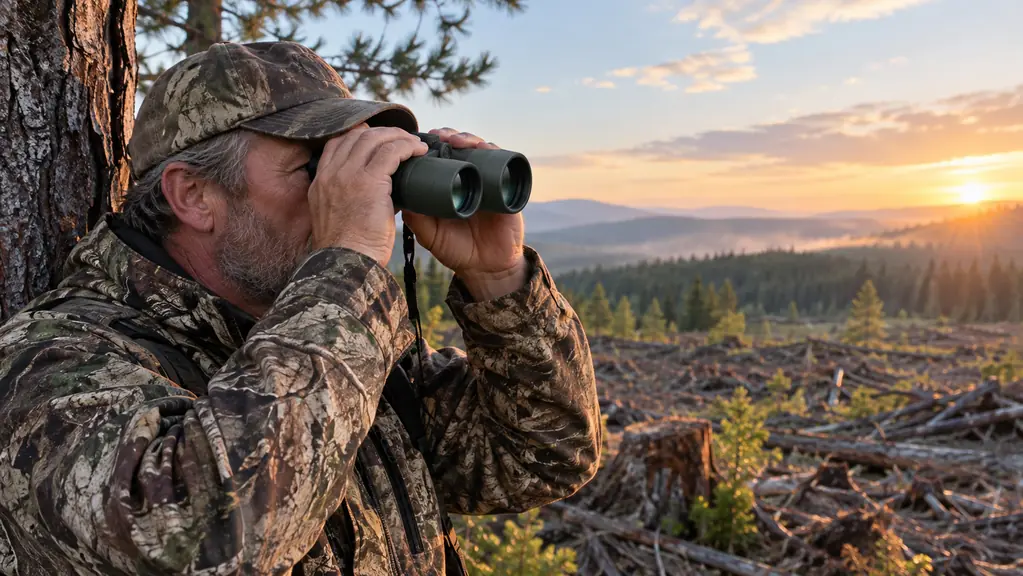 A hunter holds a pair of binoculars to his eyes while leaning against a pine tree at the edge of a clearcut