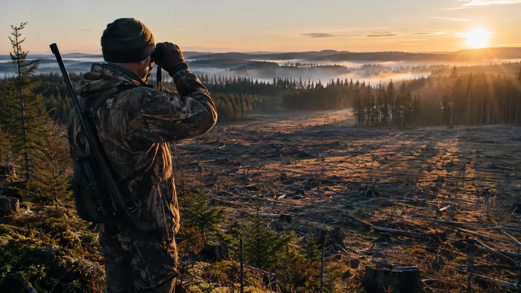 A hunter glassing a clearcut from a low ridge at dawn, with a rifle slung on his back