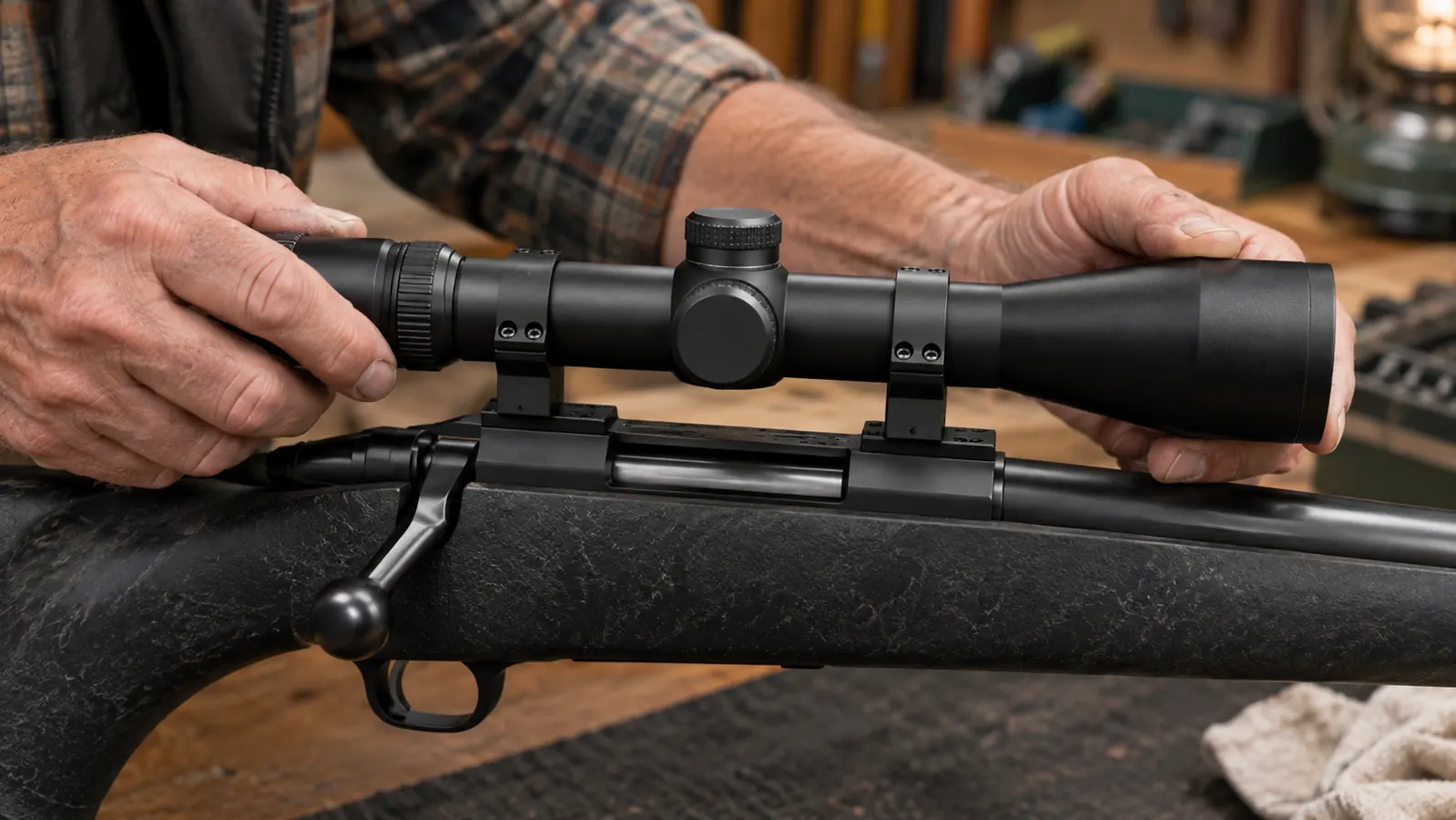 Close view of a scope held above a rifle receiver with two rings and a base in place, a hand aligning the scope tube