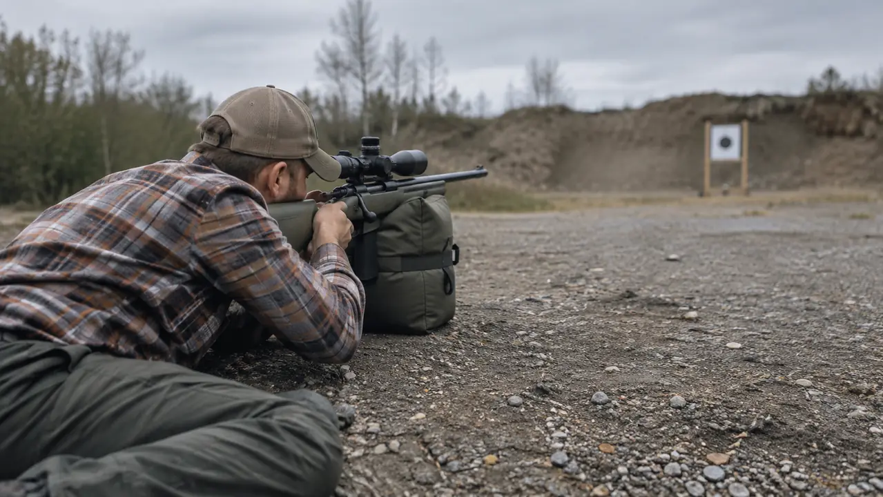 A hunter kneeling at a gravel pit range with a rifle resting on a bag, looking through the scope toward a distant target