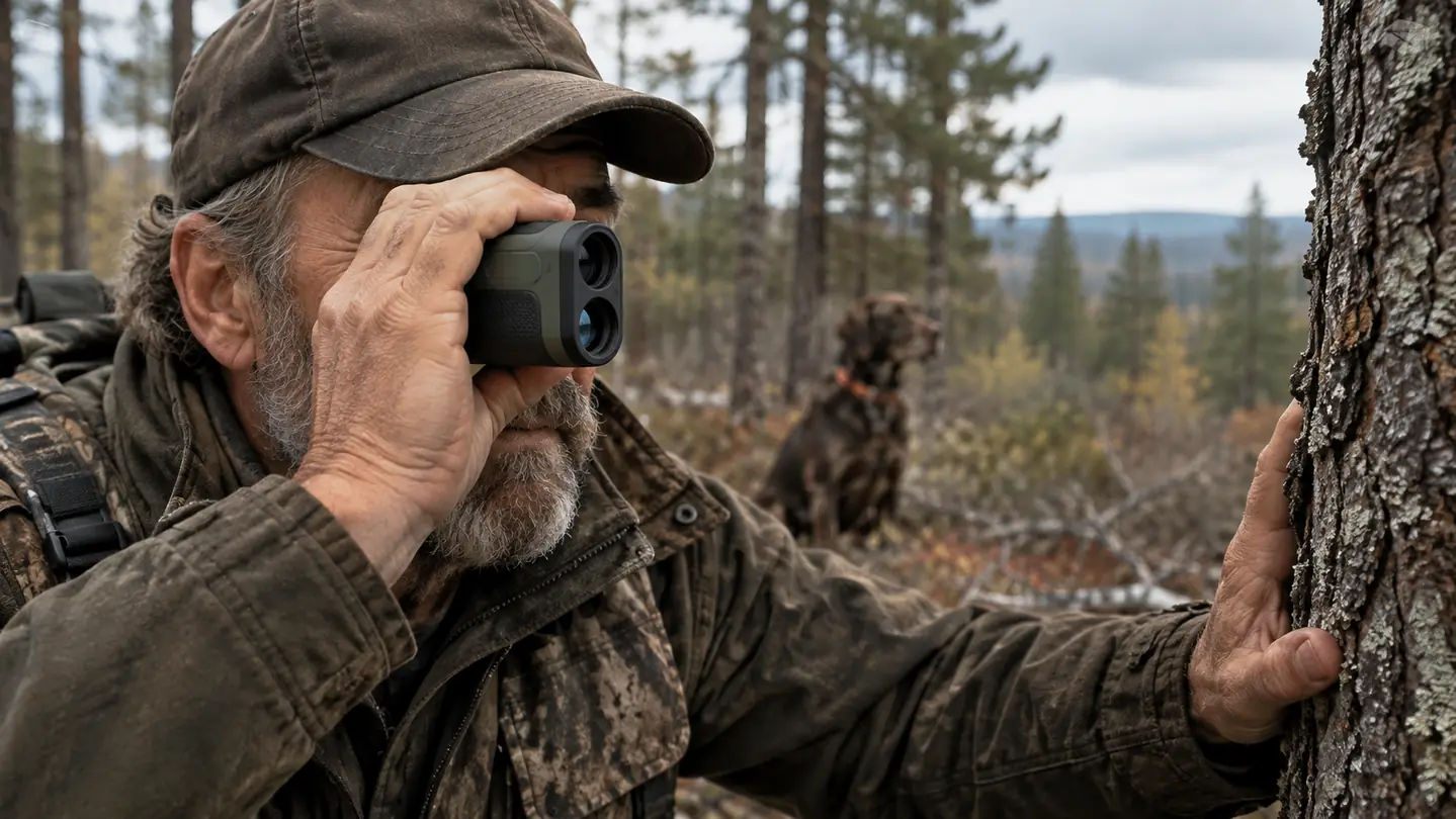 A hand holding a compact camo rangefinder up to one eye while the other hand steadies it against a tree trunk, a large dog sitting nearby in the background