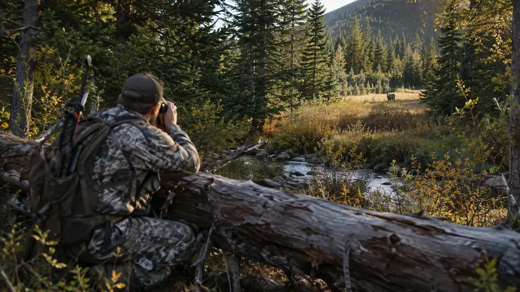 A hunter kneeling behind a log, rangefinder raised, watching a deer at the edge of a timbered clearing across a creek bottom