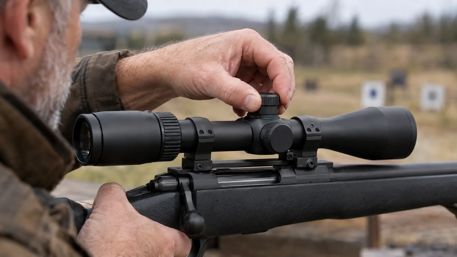 Close view of a rifle scope mounted on a bolt-action rifle, with one hand turning the elevation turret