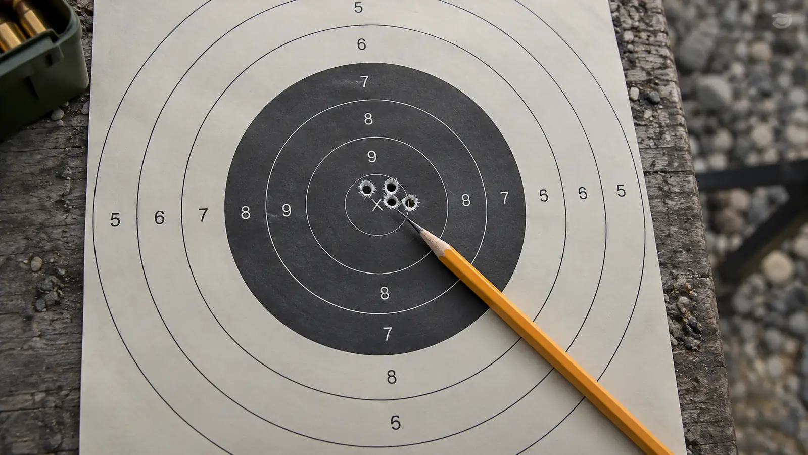 A paper rifle target with a tight three-shot group just above the center ring, a pencil marking the center of the group