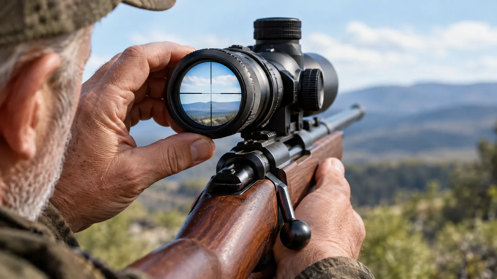 Close view of a riflescope mounted on a bolt-action rifle, the reticle visible against a bright sky