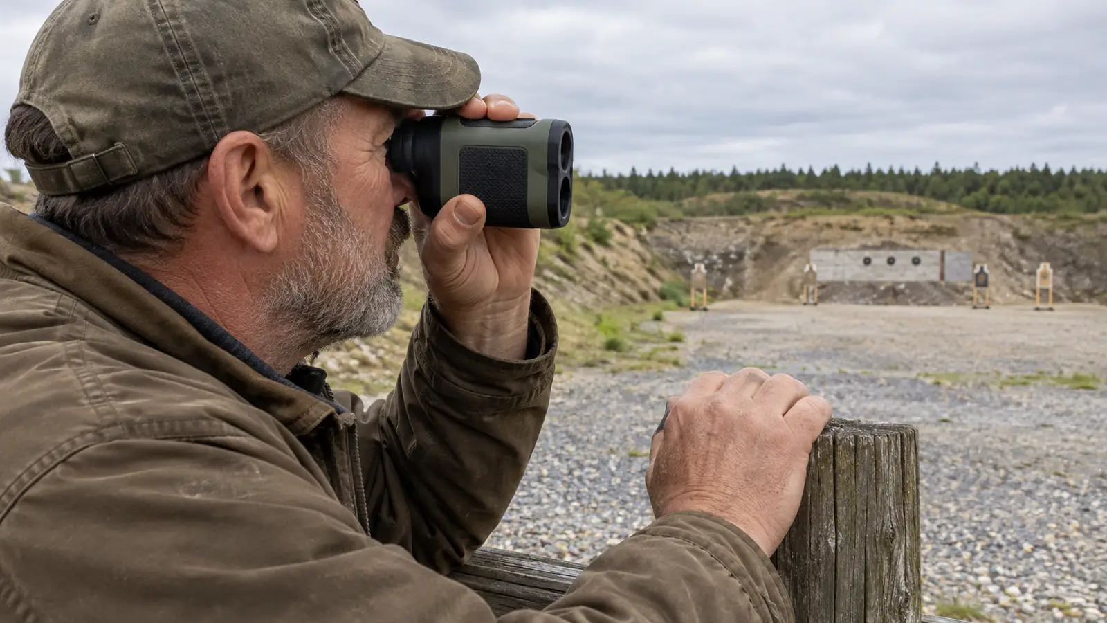 A hand holding a compact camo rangefinder up to one eye while the other hand steadies it against a fence post at a gravel pit range