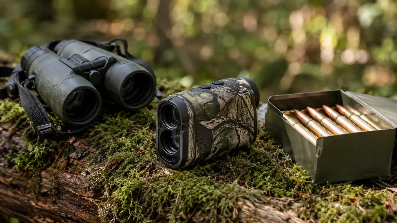 A rangefinder lying on a mossy log beside a pair of binoculars and a box of rifle cartridges in the woods
