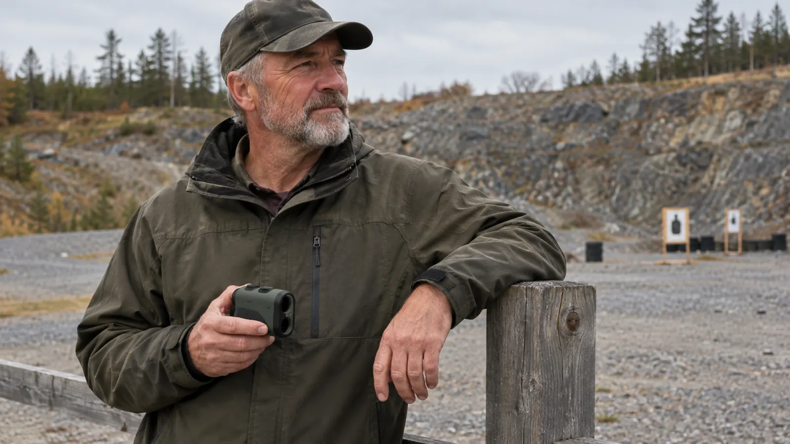 A hunter holding a compact camo rangefinder in one hand while leaning on a fence post in a gravel pit
