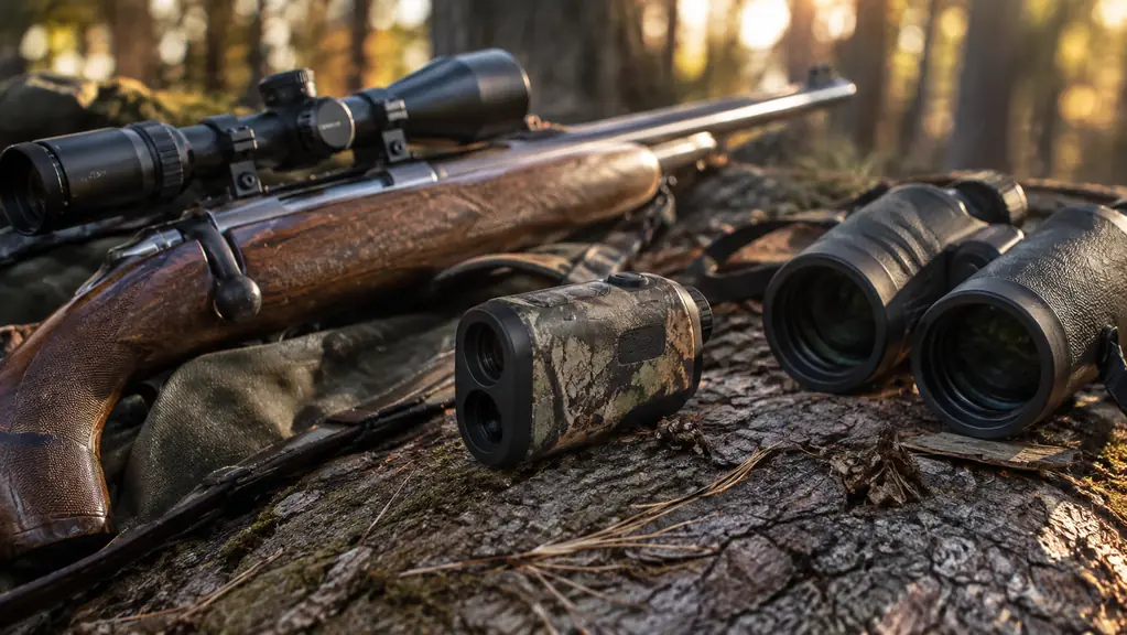 A rangefinder lying on a pine log beside a rifle and a pair of binoculars in late afternoon light