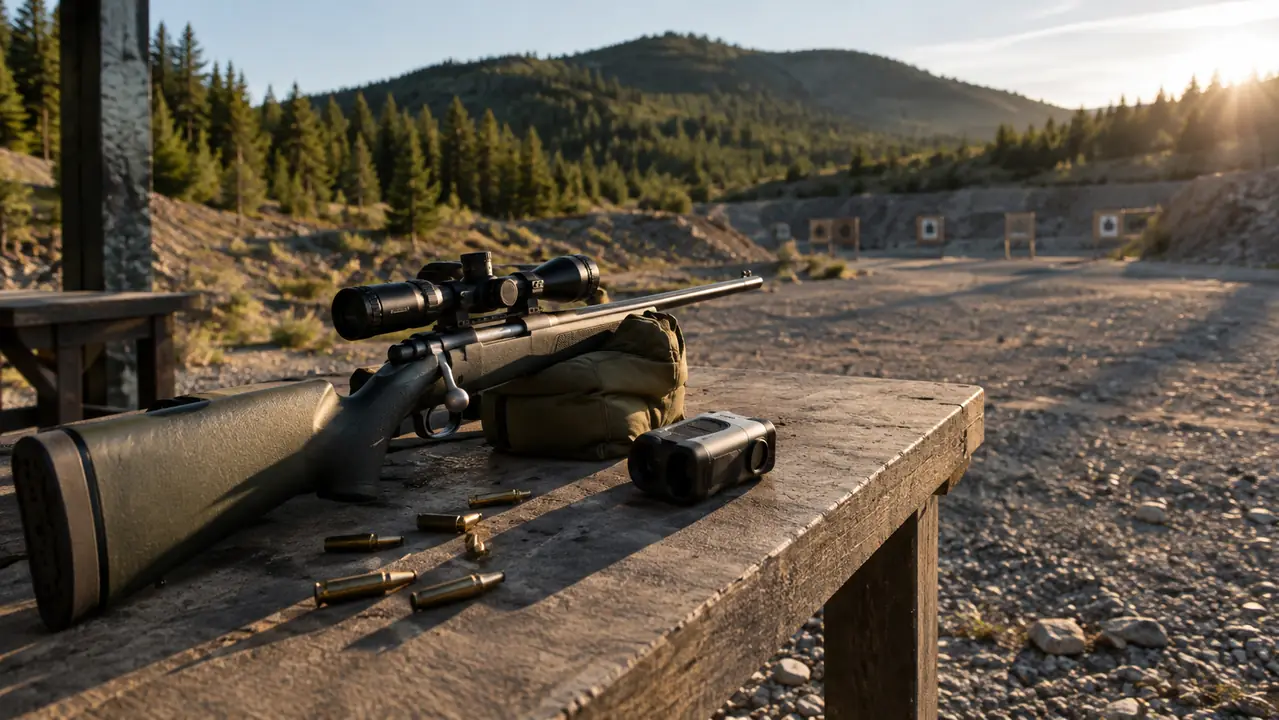 A bolt-action rifle and a rangefinder resting side by side on a shooting bench at a gravel pit range, spent brass on the ground in late afternoon light