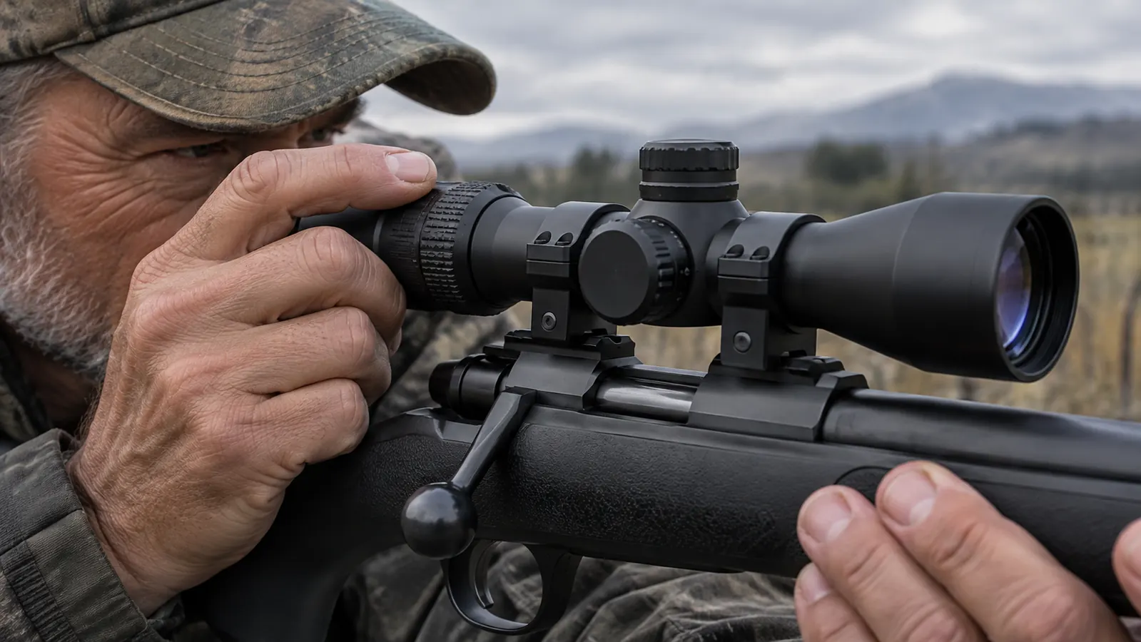 Close view of a riflescope mounted on a bolt-action rifle, the shooter's eye lined up behind the eyepiece