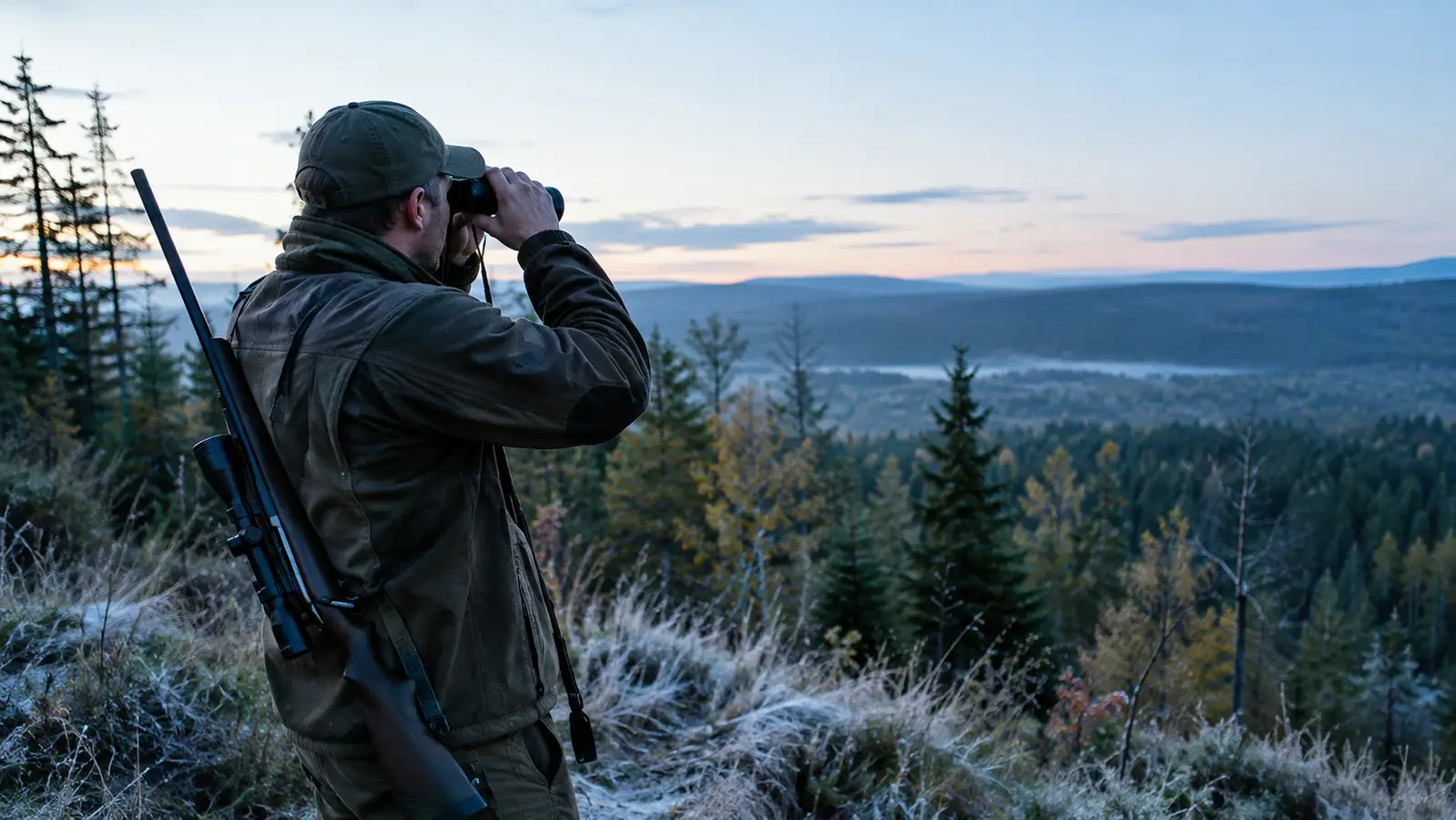 A hunter glassing a timbered hillside at first light, the rifle slung over one shoulder