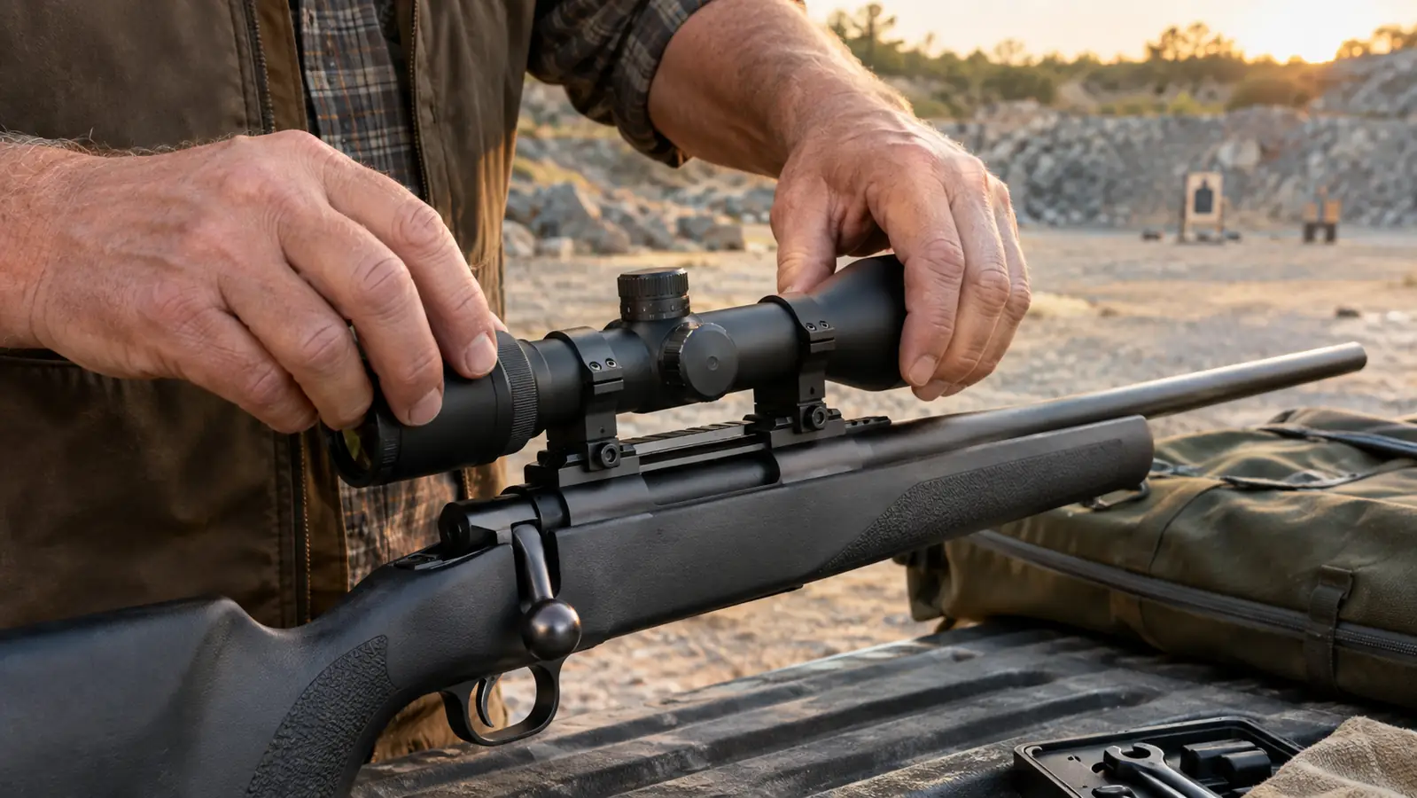 A hunter's hands mounting a riflescope onto a bolt-action rifle on a tailgate at a gravel pit range