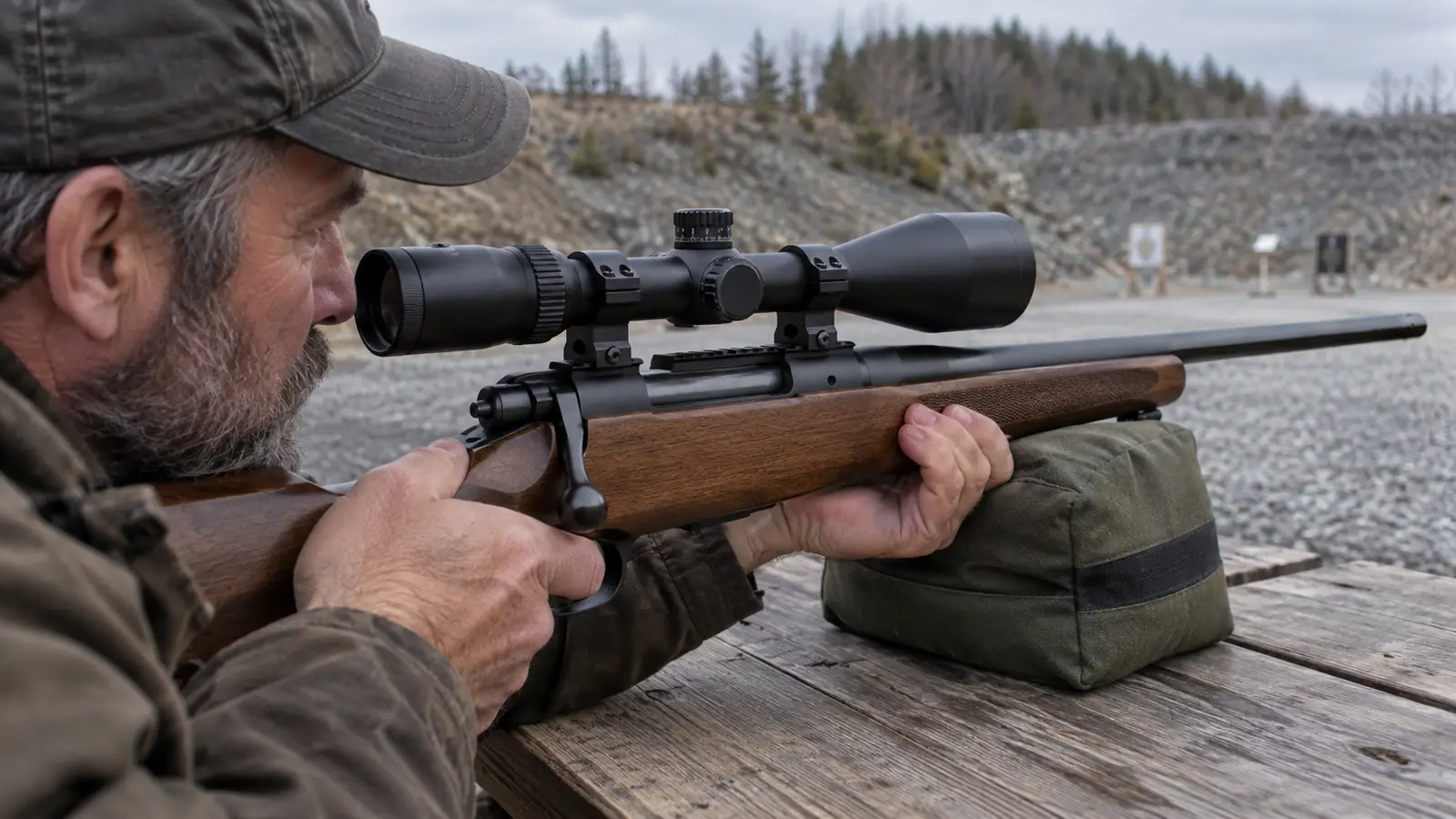 Close view of a riflescope mounted on a bolt-action rifle, the objective bell facing the camera, sitting on a wooden bench at a gravel pit range