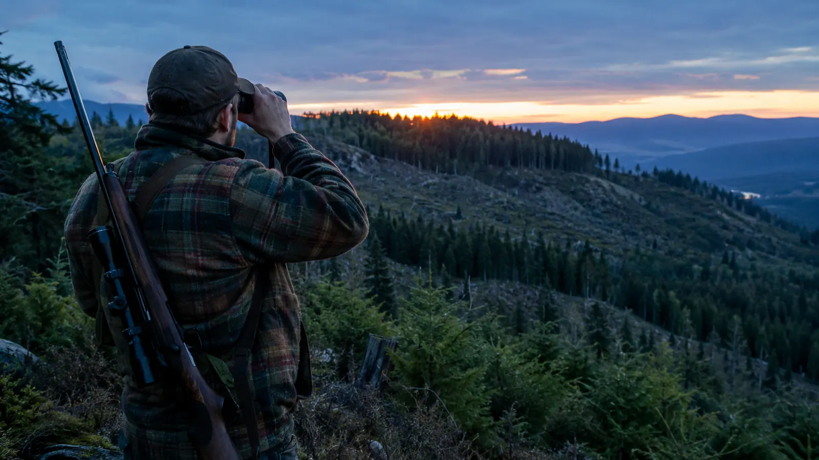 A hunter glassing a timbered hillside at dusk with a rifle slung over one shoulder, the scope catching the last light