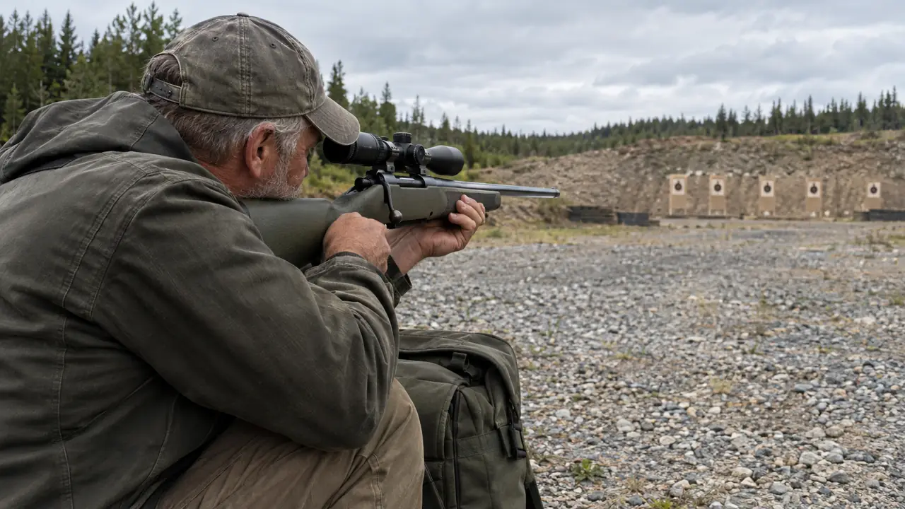 a hunter looking through a riflescope at a gravel pit range