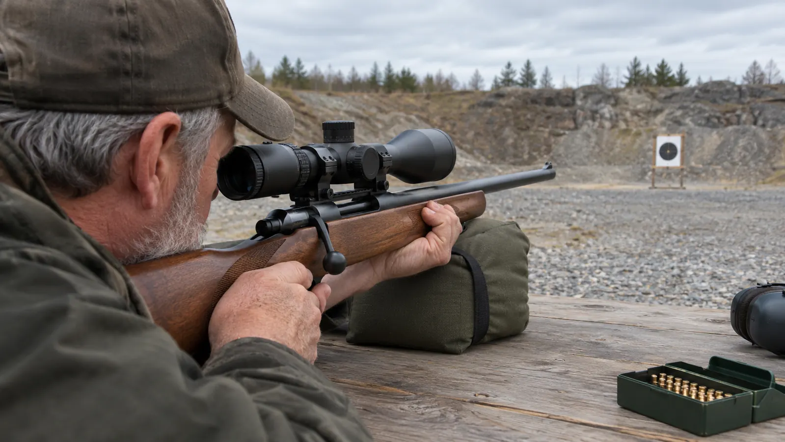 A rifle mounted with a riflescope resting on a wooden bench at a gravel pit range, target downrange