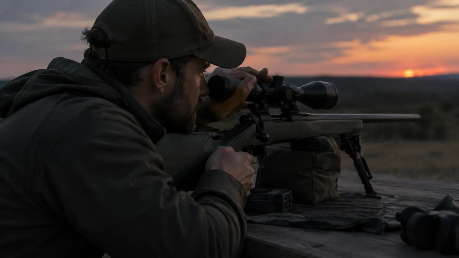 A hunter kneeling at a shooting bench with a rifle, checking the scope before a shot at dusk