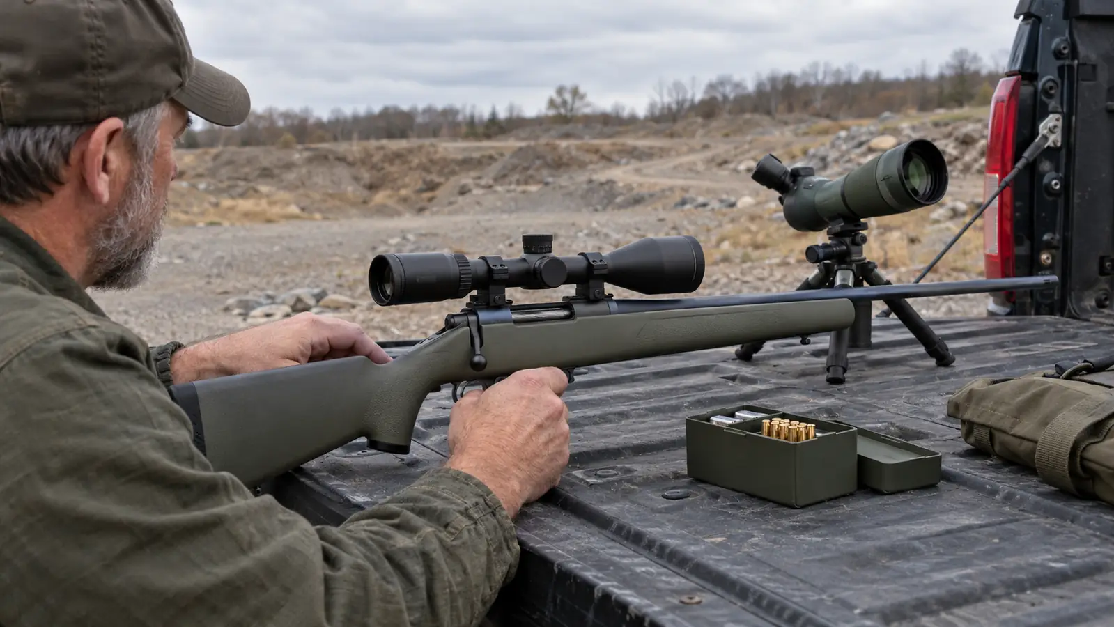 A rifle mounted with a riflescope lying on a tailgate beside a spotting scope and a box of cartridges at a gravel pit range