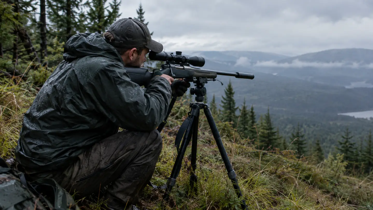 A hunter in a rain jacket checking a rifle scope on a tripod at the edge of a timbered hillside in light rain