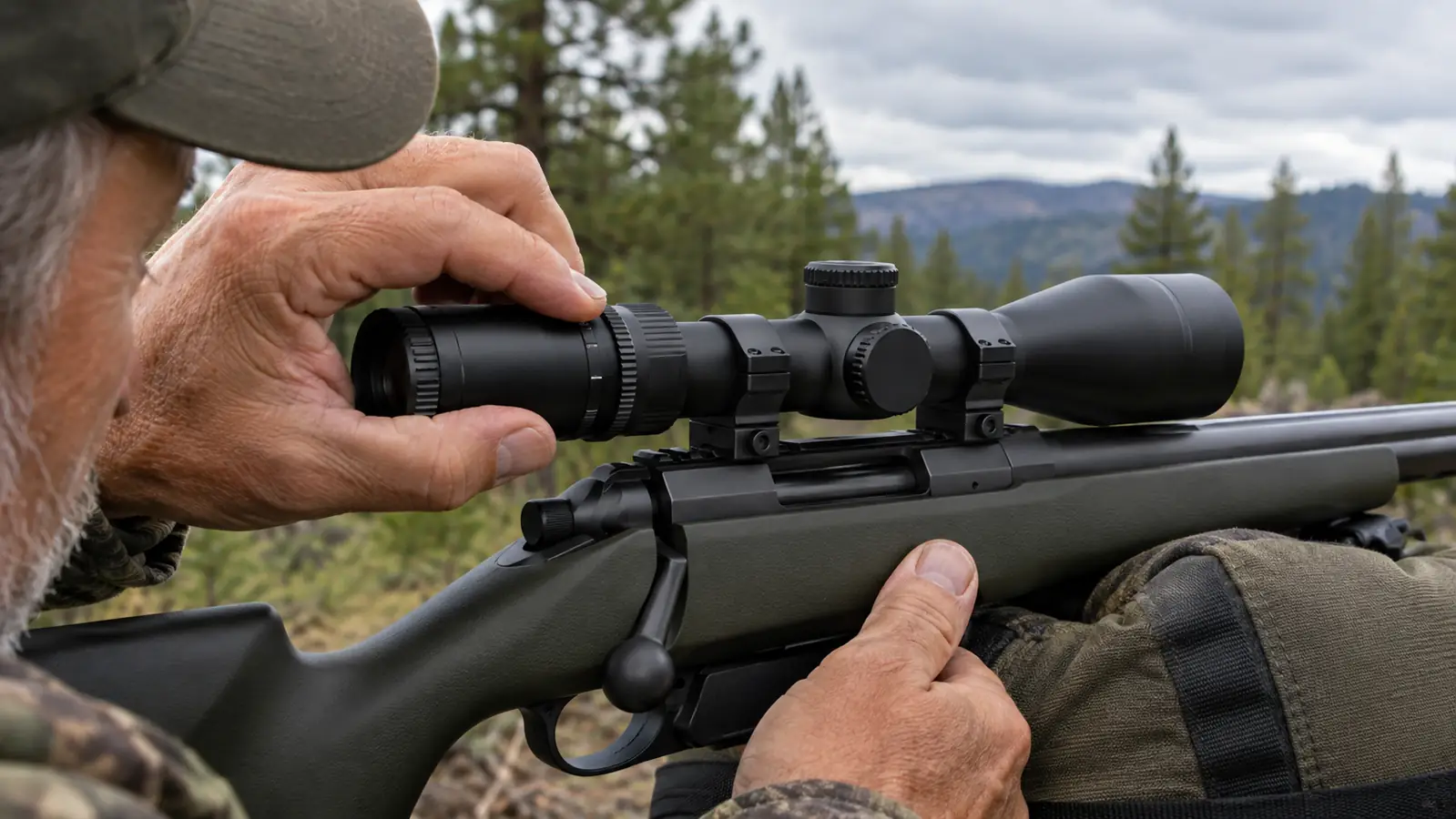 A hand adjusting the magnification ring on a riflescope mounted to a rifle, with a pine forest blurred in the background