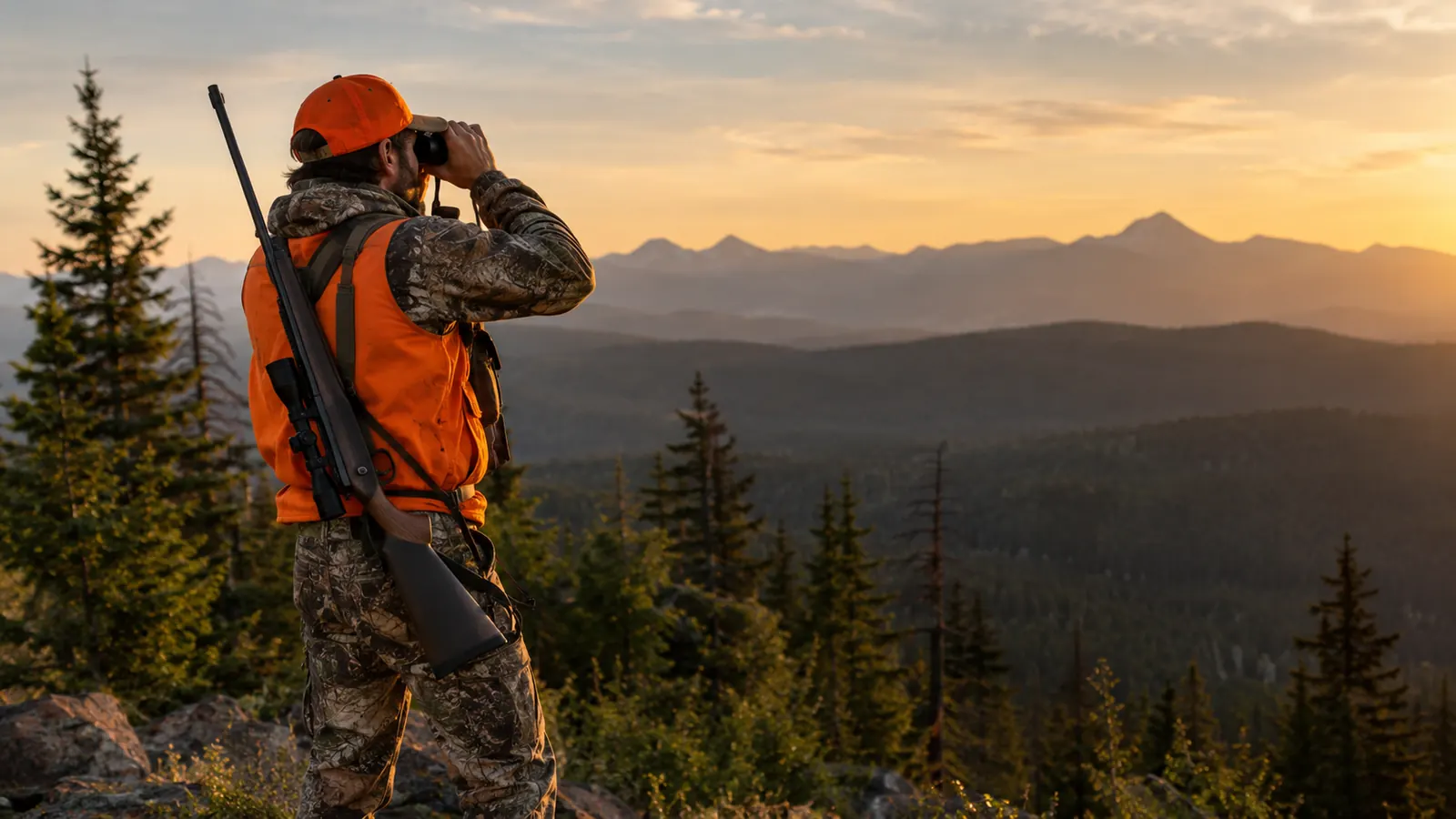 A hunter glassing a timbered ridge at last light with a rifle slung over one shoulder