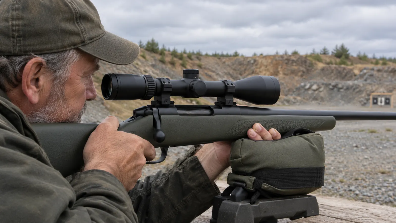 A rifle with a 3-9x40 scope resting on a shooting rest at a gravel pit range