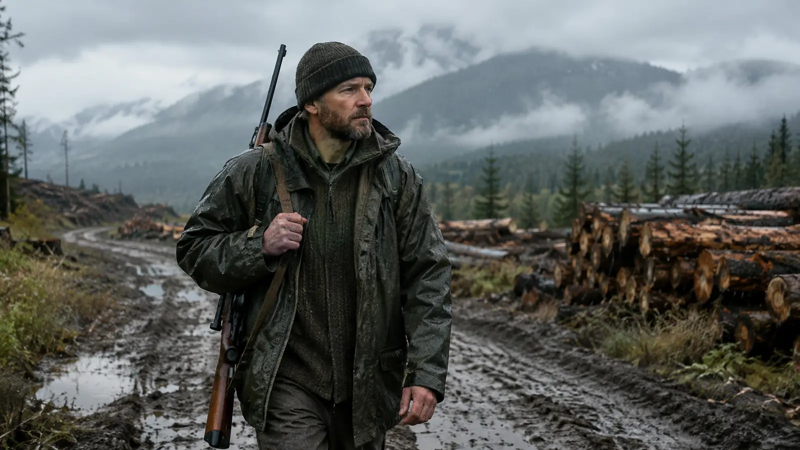 A hunter walking a muddy logging road in the rain with a rifle slung over one shoulder