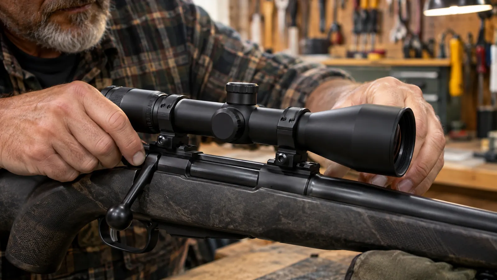 Close view of a riflescope mounted on a bolt-action rifle with rings holding it to the receiver