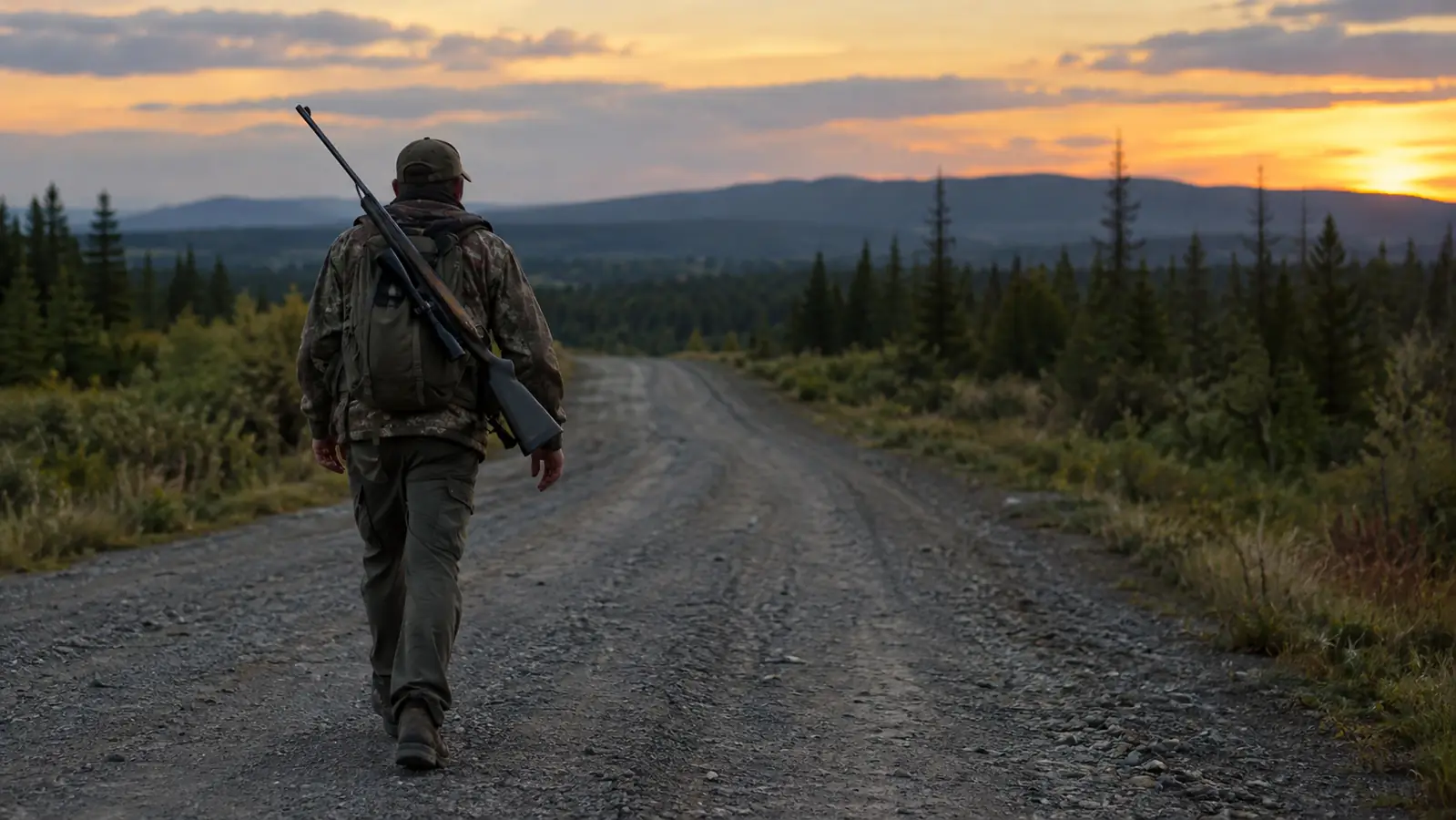 A hunter walking a gravel road at dusk with a scoped rifle over his shoulder, timber in the distance