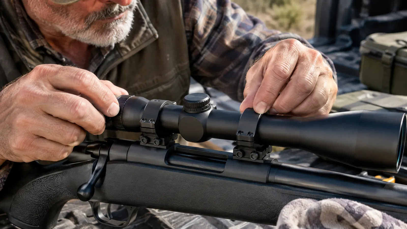 Close view of a scope mounted on a rifle with two-piece rings, the ring caps seated over the scope tube