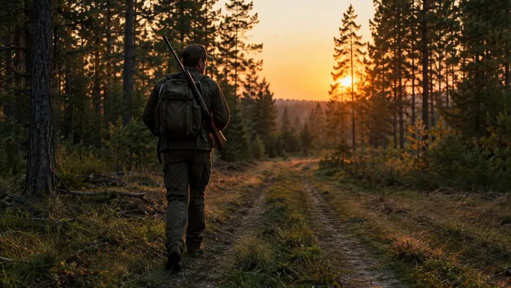 A hunter walking a two-track logging road through pine timber at dusk, rifle slung over one shoulder