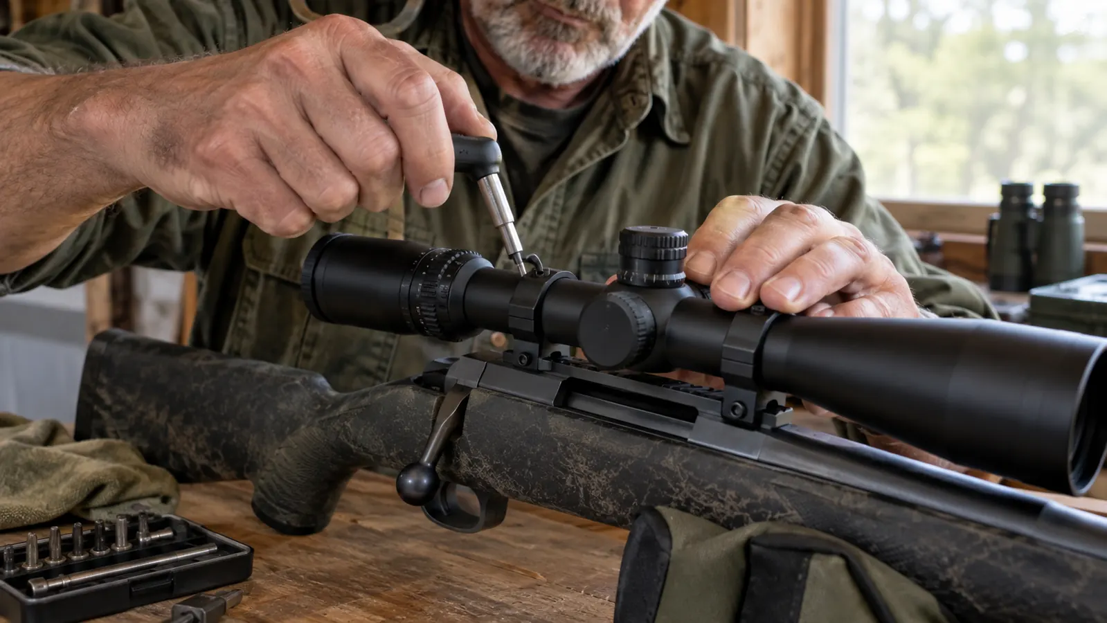A hunter's hand using a torque driver on a scope ring screw, with the rifle receiver on a workbench