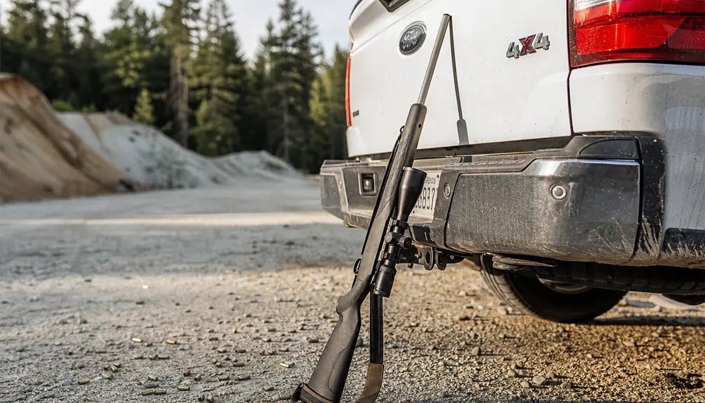 A scoped rifle leaning against the tailgate of a work truck at a gravel pit range in late afternoon light