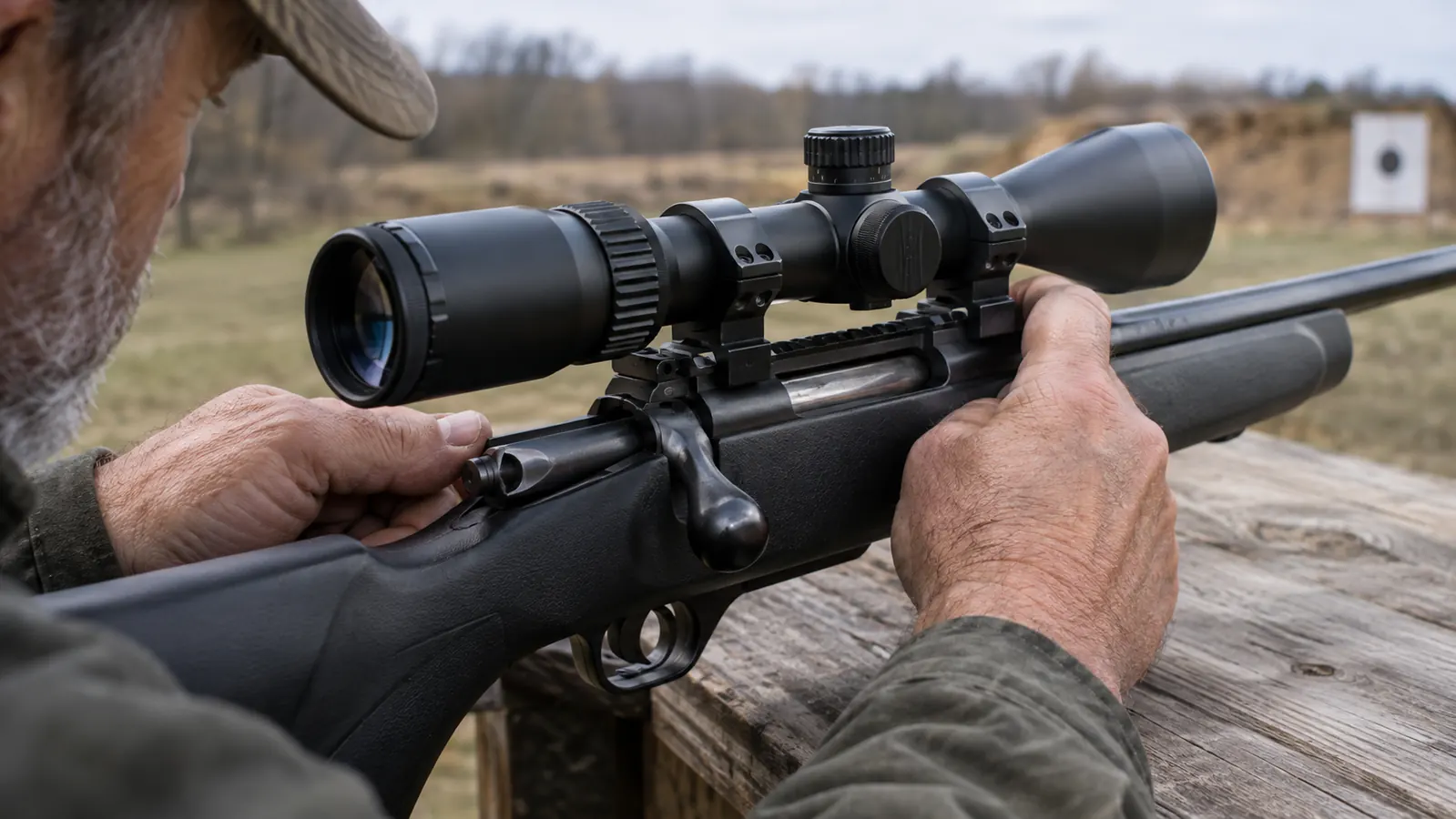 Close view of a riflescope mounted in two-piece rings on a bolt-action rifle, the rifle resting on a wooden bench