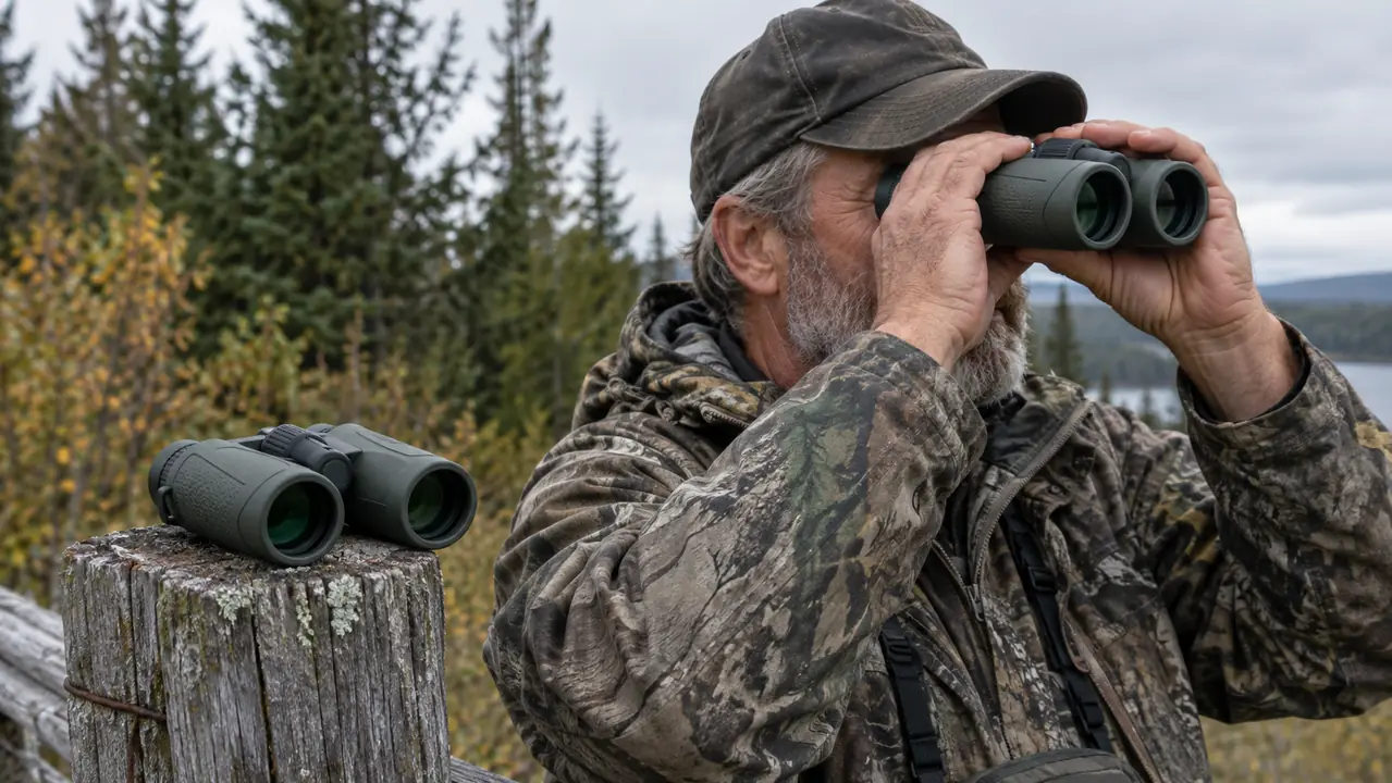 A pair of binoculars resting on a weathered wooden fence post beside a hunter's gloved hand