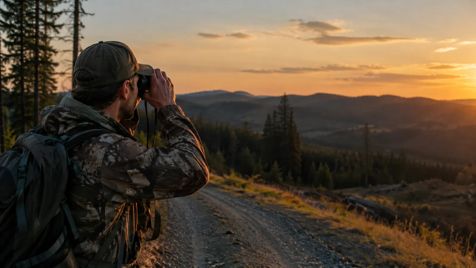 A hunter glassing a distant ridgeline from a logging road at dusk