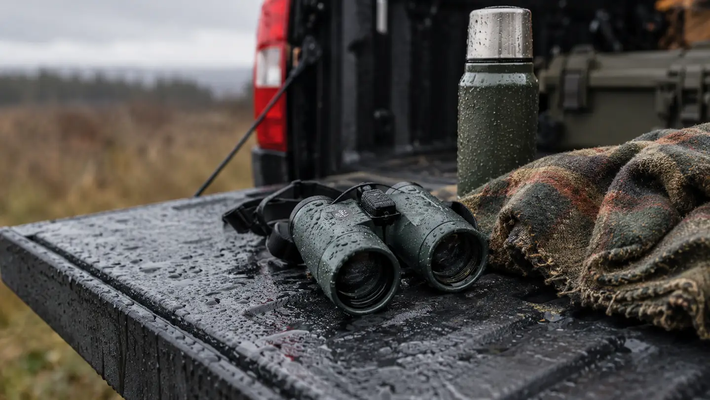 A pair of binoculars lying on a truck tailgate beside a wool blanket and a thermos after a wet morning hunt