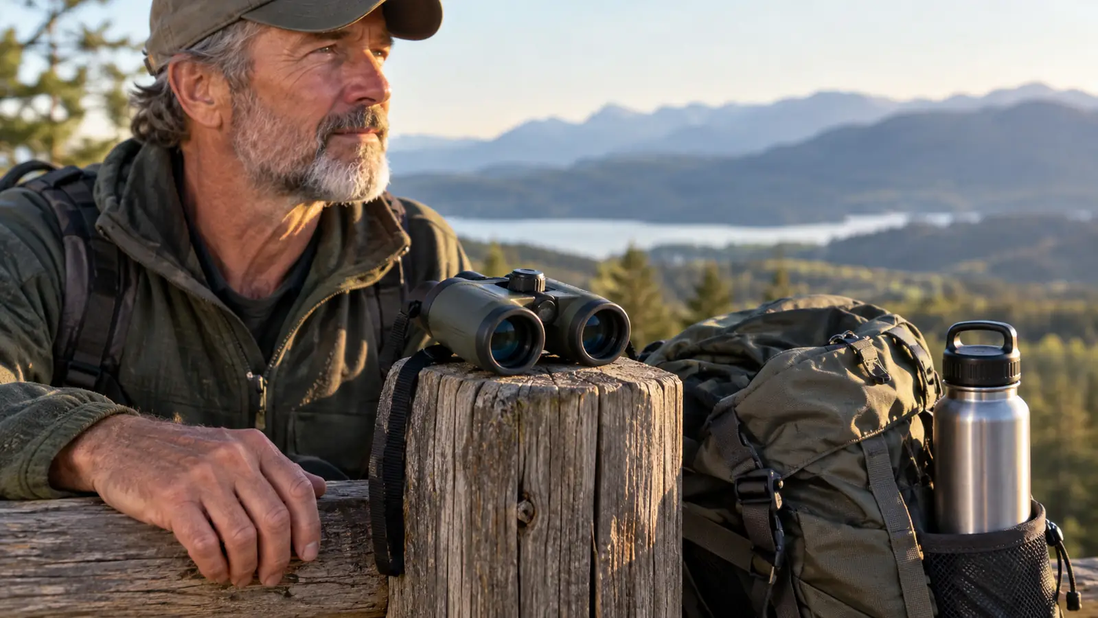 A pair of binoculars resting on a wooden fence post beside a hunter's daypack and a stainless steel water bottle
